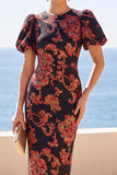 Black Floral Sheath Midi Wedding Guest Dress with Puff Sleeves
