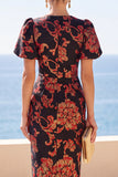 Black Floral Sheath Midi Wedding Guest Dress with Puff Sleeves