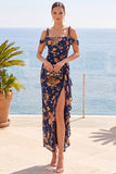 Navy Cold Shoulder Floral Wedding Guest Dress with Ruffled Slit