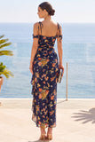 Navy Cold Shoulder Floral Wedding Guest Dress with Ruffled Slit