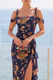 Navy Cold Shoulder Floral Wedding Guest Dress with Ruffled Slit