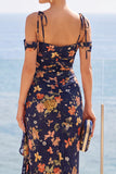 Navy Cold Shoulder Floral Wedding Guest Dress with Ruffled Slit