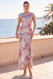 Sparkly Silver Floral Wedding Guest Dress with Ruffle Slit