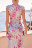 Sparkly Silver Floral Wedding Guest Dress with Ruffle Slit
