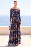 Off the Shoulder Floral Navy Ruched Maxi Wedding Guest Dress
