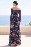 Off the Shoulder Floral Navy Ruched Maxi Wedding Guest Dress