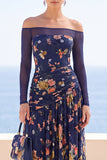 Off the Shoulder Floral Navy Ruched Maxi Wedding Guest Dress