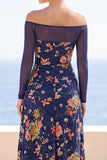 Off the Shoulder Floral Navy Ruched Maxi Wedding Guest Dress