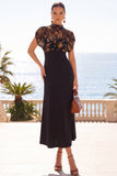 Black Floral Illusion High Neck Midi Wedding Guest Dress