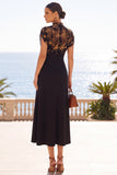 Black Floral Illusion High Neck Midi Wedding Guest Dress