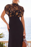 Black Floral Illusion High Neck Midi Wedding Guest Dress