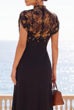 Black Floral Illusion High Neck Midi Wedding Guest Dress