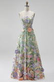 Green 3D Floral Square Neck Corset A Line Midi Wedding Guest Dress