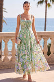 Green 3D Floral Square Neck Corset A Line Midi Wedding Guest Dress