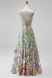 Green 3D Floral Square Neck Corset A Line Midi Wedding Guest Dress