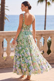 Green 3D Floral Square Neck Corset A Line Midi Wedding Guest Dress