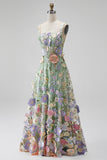 Green 3D Floral Square Neck Corset A Line Midi Wedding Guest Dress