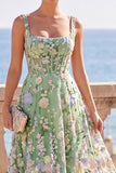 Green 3D Floral Square Neck Corset A Line Midi Wedding Guest Dress