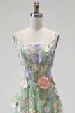 Green 3D Floral Square Neck Corset A Line Midi Wedding Guest Dress