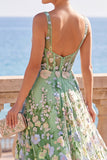 Green 3D Floral Square Neck Corset A Line Midi Wedding Guest Dress