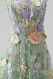 Green 3D Floral Square Neck Corset A Line Midi Wedding Guest Dress
