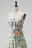 Green 3D Floral Square Neck Corset A Line Midi Wedding Guest Dress