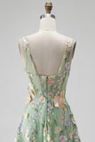Green 3D Floral Square Neck Corset A Line Midi Wedding Guest Dress