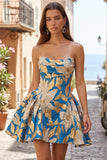 Blue Strapless Brocade A Line Short Homecoming Dress