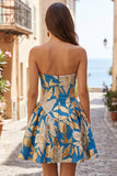 Blue Strapless Brocade A Line Short Homecoming Dress