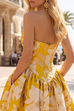 Blue Strapless Brocade A Line Short Homecoming Dress