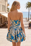 Strapless Blue Floral A Line Jacquard Short Homecoming Dress