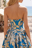 Strapless Blue Floral A Line Jacquard Short Homecoming Dress