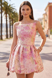Floral Pink Jacquard Bubble Hem Short Homecoming Dress
