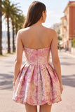 Floral Pink Jacquard Bubble Hem Short Homecoming Dress