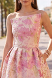 Floral Pink Jacquard Bubble Hem Short Homecoming Dress