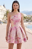 One Shoulder Pink Floral Jacquard A Line Short Homecoming Dress