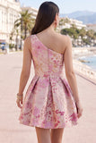 One Shoulder Pink Floral Jacquard A Line Short Homecoming Dress