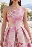 One Shoulder Pink Floral Jacquard A Line Short Homecoming Dress
