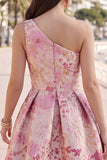 One Shoulder Pink Floral Jacquard A Line Short Homecoming Dress