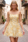 Yellow A Line 3D Flower Applique Short Homecoming Dress
