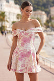 Pink Floral Brocade Off the Shoulder A Line Homecoming Dress