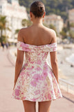 Pink Floral Brocade Off the Shoulder A Line Homecoming Dress