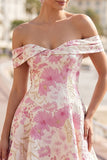 Pink Floral Brocade Off the Shoulder A Line Homecoming Dress