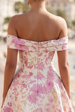 Pink Floral Brocade Off the Shoulder A Line Homecoming Dress