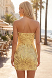 Yellow Strapless Bodycon Ruched Sequin Homecoming Dress