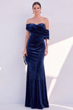 Off The Shoulder Dark Blue Mermaid Velvet Formal Dress