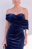 Off The Shoulder Dark Blue Mermaid Velvet Formal Dress