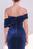 Off The Shoulder Dark Blue Mermaid Velvet Formal Dress