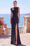 Olive Green Satin Sequin Ruched Long Formal Dress with Slit