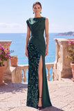 Olive Green Satin Sequin Ruched Long Formal Dress with Slit